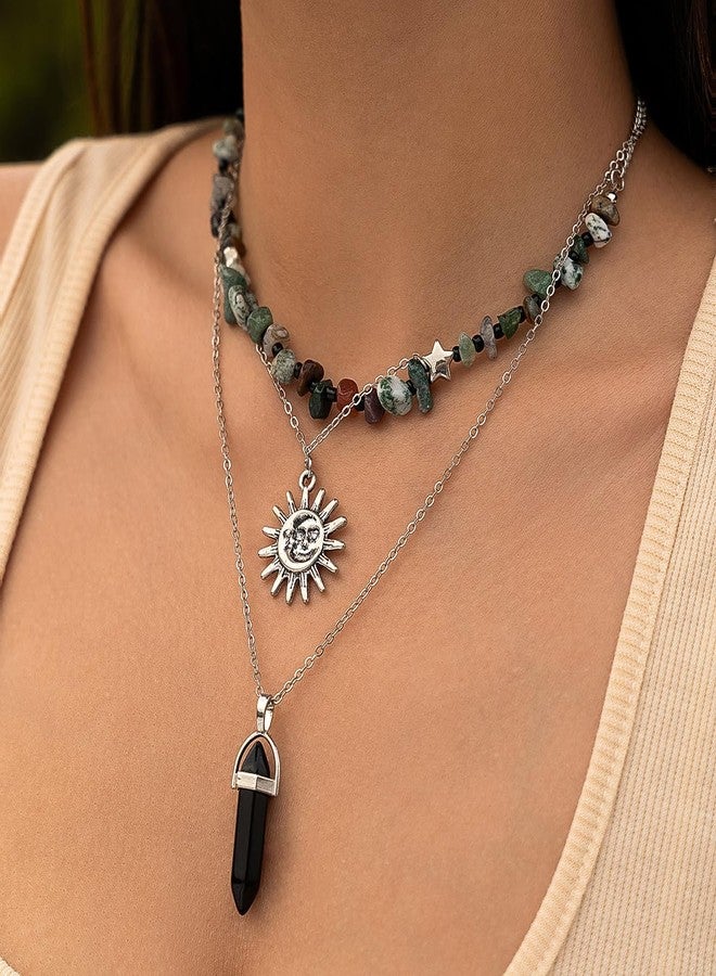 eartif Hippie Necklac Boho Necklace Healing Nature Crystal Necklace Layering Necklaces Moon Sun Star Pendant Choker Necklace Gothic Jewelry For Women (Black) - Image 2